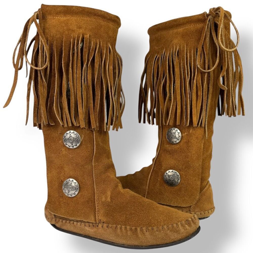 Taos Vintage 70s Tall Moccasins Boots Brown Tan Suede Fringe Conchos Women’s 8